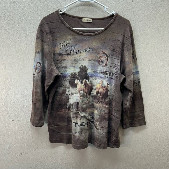 Studio Gem Y2K Wild Horses Mustang Sequin Top Brown Western Size XL Baby Tee - Picture 1 of 7